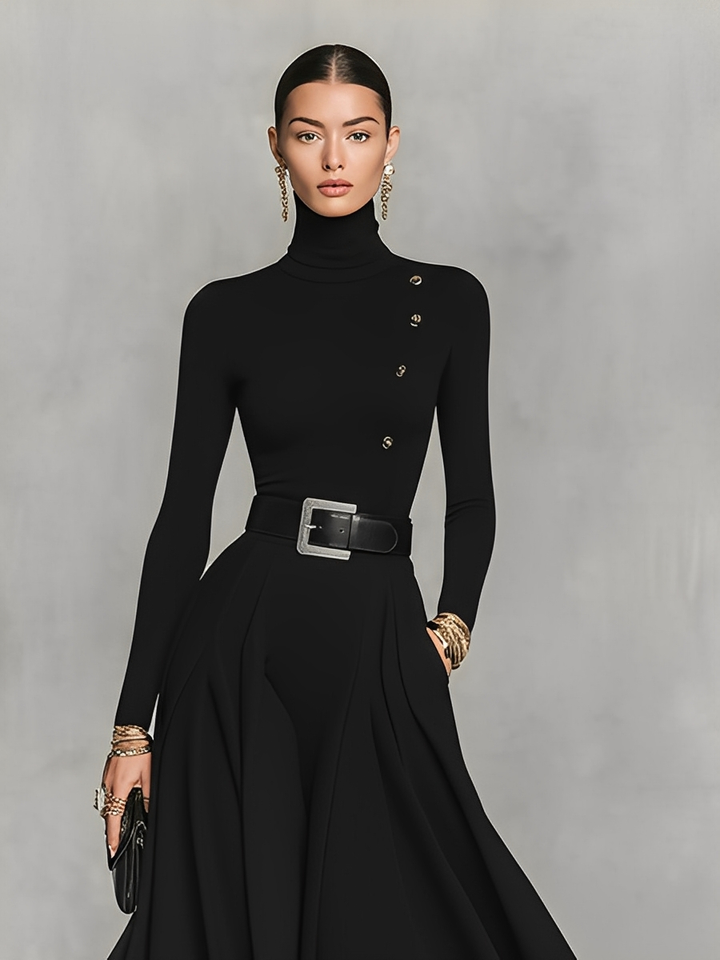 Black Knit Maxi Dress with High Neck and Button Detail