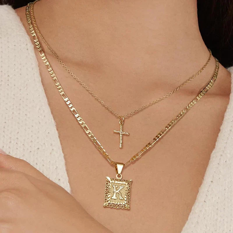 Initial Necklace Set with Cross Charm | Gold Layered Pendant