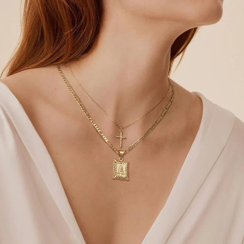 Initial Necklace Set with Cross Charm | Gold Layered Pendant