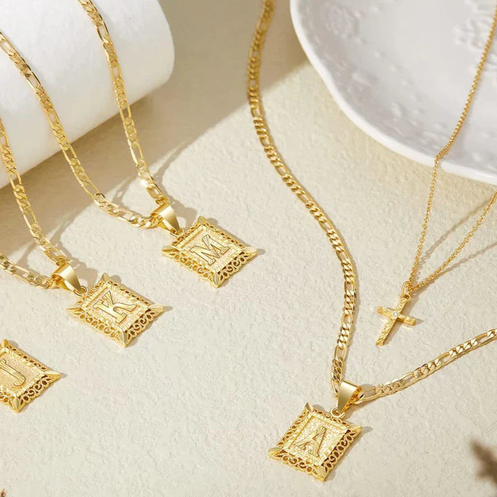 Initial Necklace Set with Cross Charm | Gold Layered Pendant