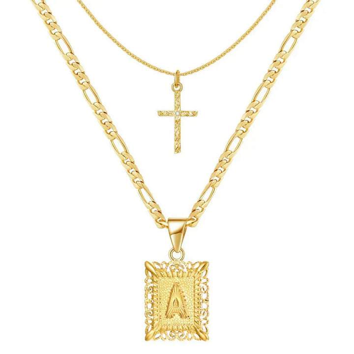 Initial Necklace Set with Cross Charm | Gold Layered Pendant