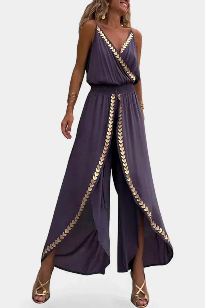 Backless Jumpsuit with Gold Accents and Crossover Neckline