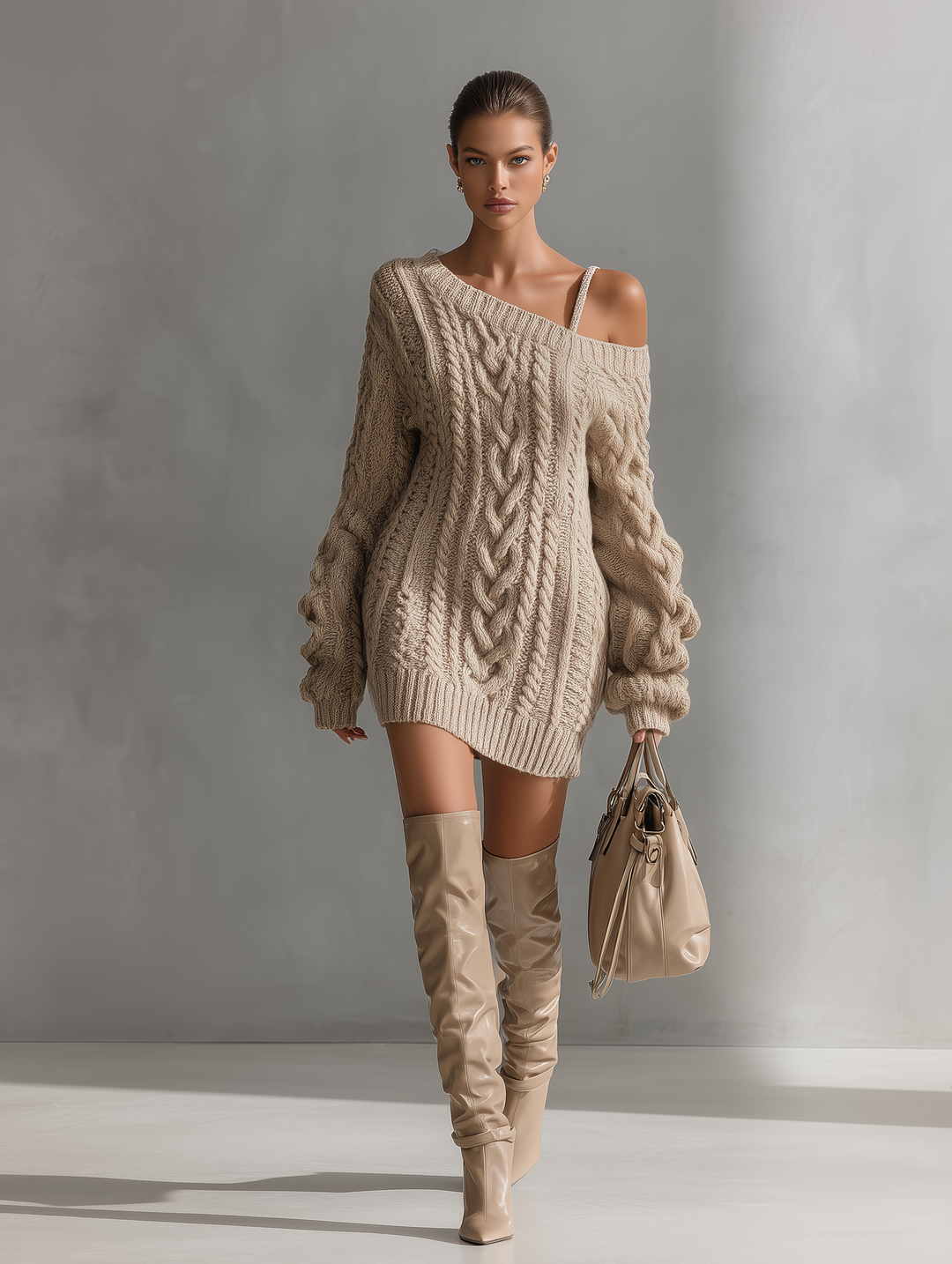Cable Knit Sweater Dress Off Shoulder Mini in Beige