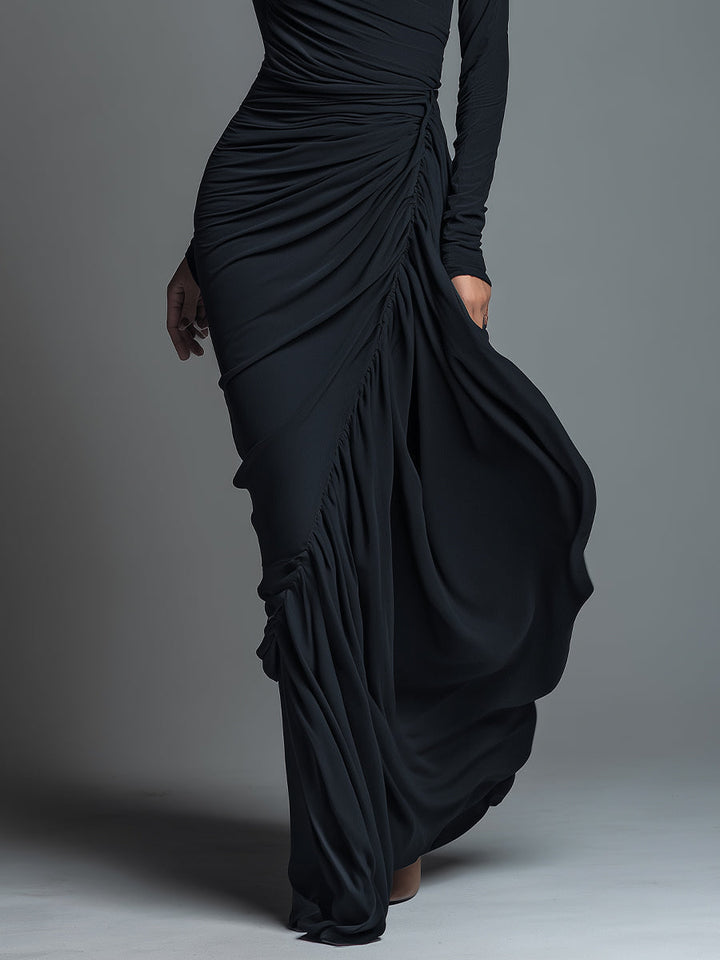 Black Maxi Dress with Ruched Detailing - Long Sleeve Jersey Knit