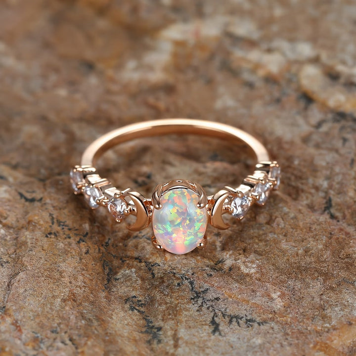 Crescent Moon Ring in Rose Gold - Opal Stone Statement Ring
