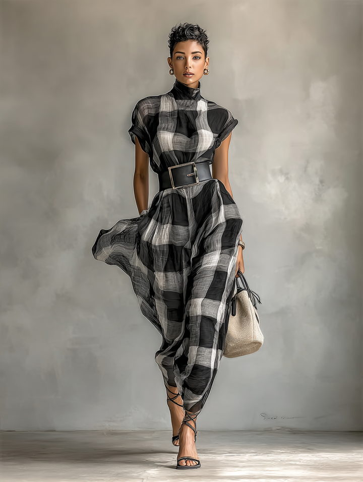 Plaid Maxi Dress with Belt for Women - High Collar Cotton Blend
