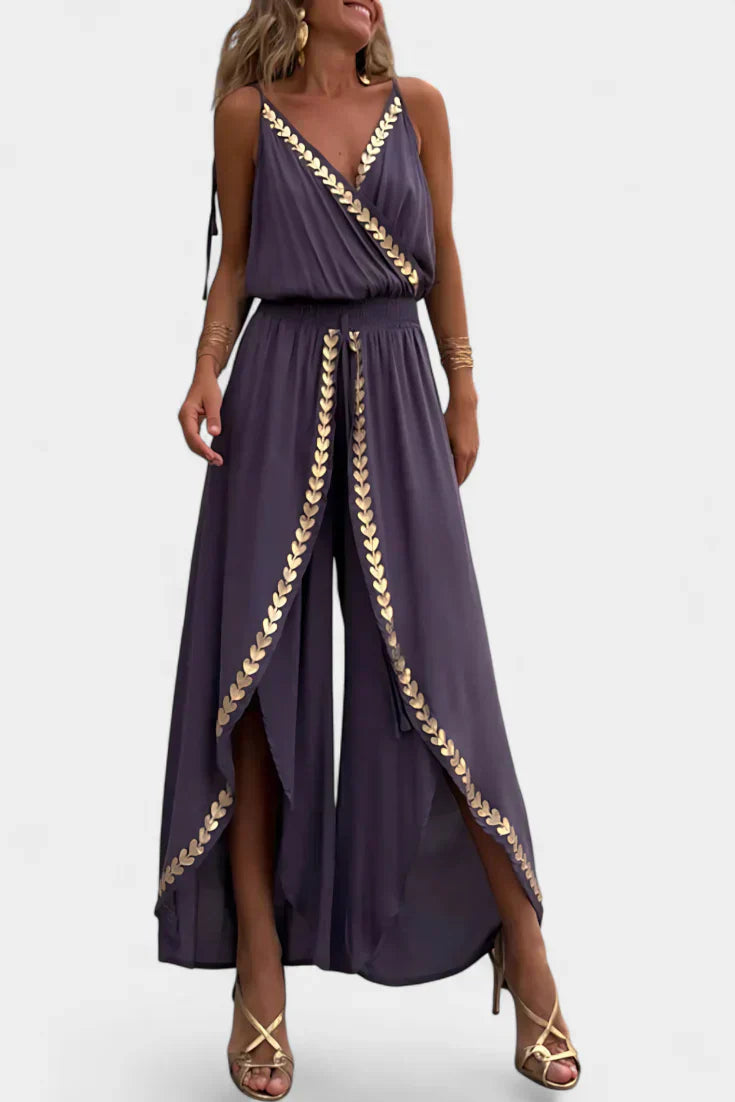Backless Jumpsuit with Gold Accents and Crossover Neckline
