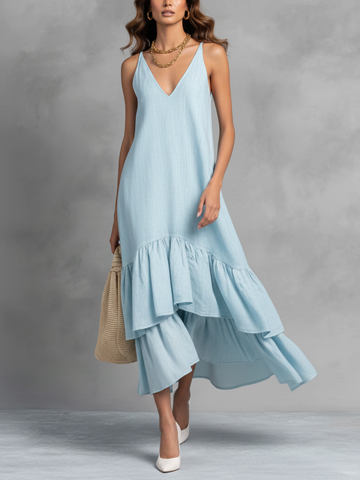 Maxi Dress Women Light Blue Cotton Linen V Neck Ruffle Hem