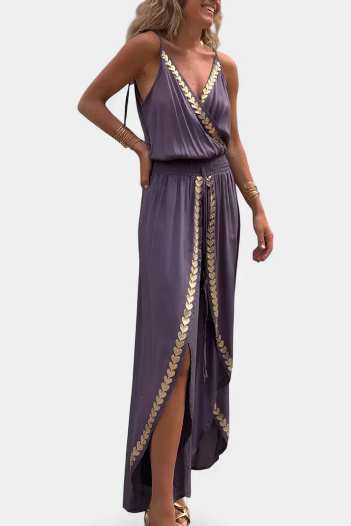 Backless Jumpsuit with Gold Accents and Crossover Neckline