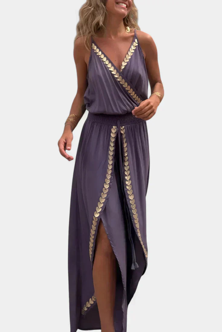 Backless Jumpsuit with Gold Accents and Crossover Neckline