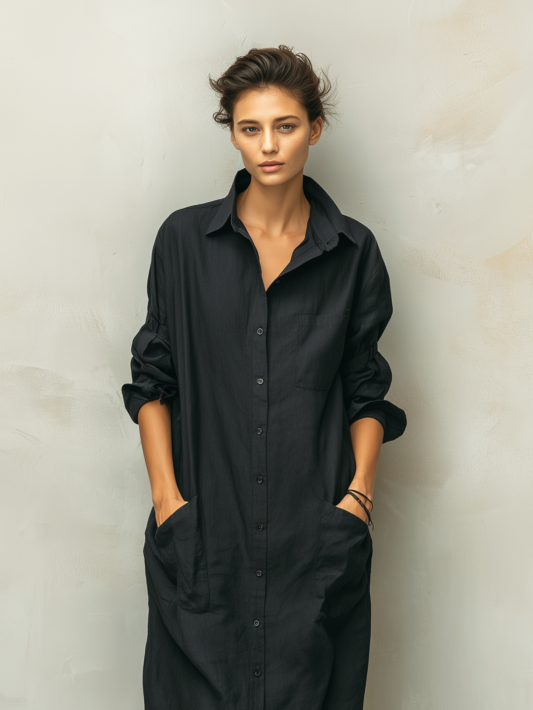 Black Linen Shirt Dress Long Sleeve for Women