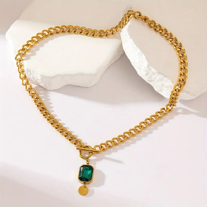 Gold Chain Necklace with Emerald Pendant | Chunky Statement Jewelry