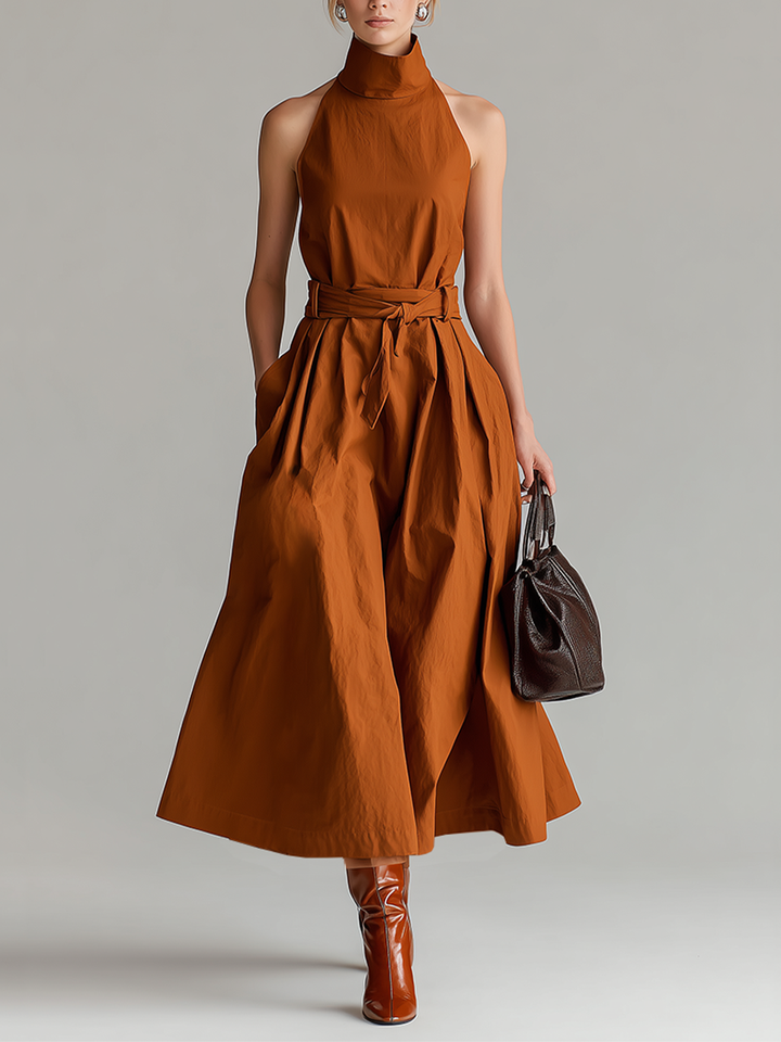 Rust Cotton Halter Dress with Tie Waist Belt