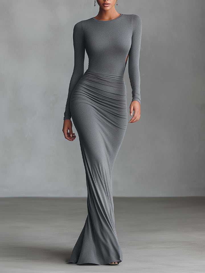 Grey Maxi Dress with Ruched Detail and Open Back for Women