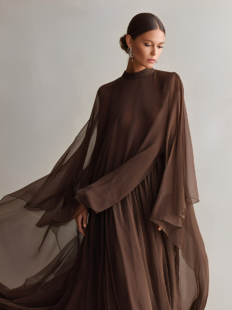 Brown Chiffon Maxi Dress with Cape Sleeves for Wedding Guest