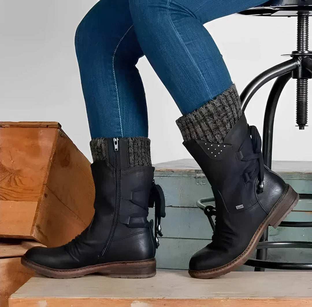 Mid-Calf Suede Winter Boots with Knit Cuff and Lace Up Detail