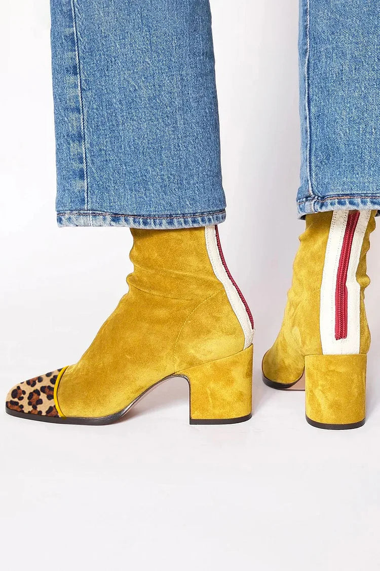 Yellow Suede Ankle Boots with Leopard Print Toe and Block Heel