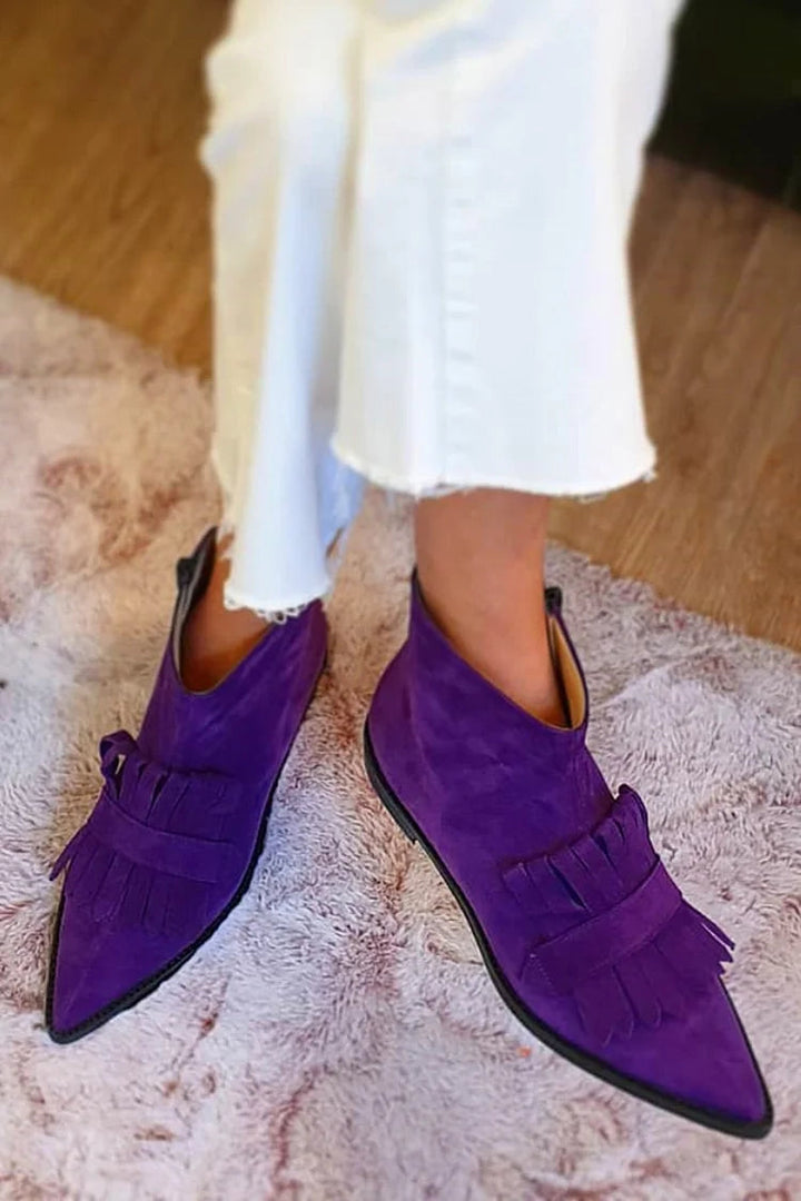 Purple Suede Ankle Boots with Fringe Trim and Pointed Toe