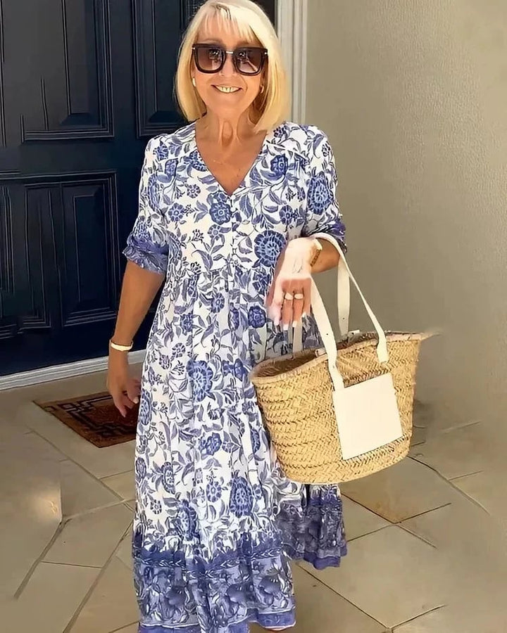 V-Neck Bohemian Dress for Women | Flowy Midi Length Casual Dress