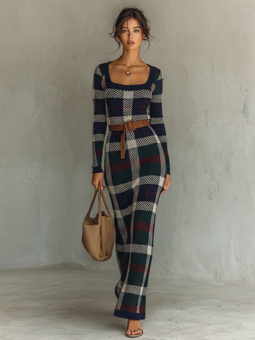 Square Neck Belted Maxi Dress with Long Sleeves
