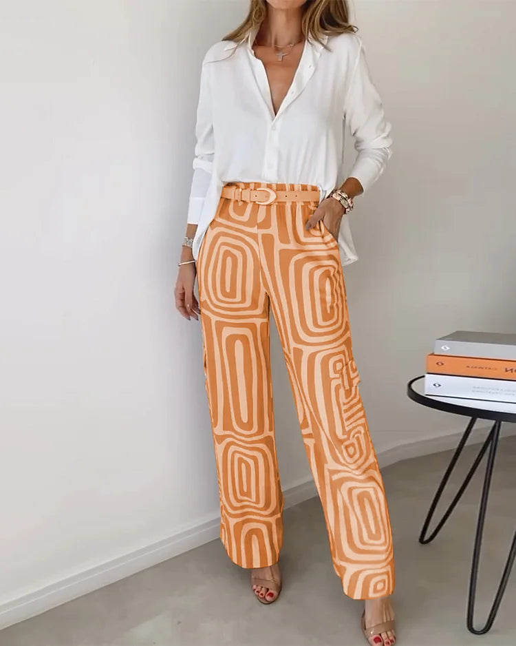 Two Piece Set for Women with Belt - Geometric Print Outfit