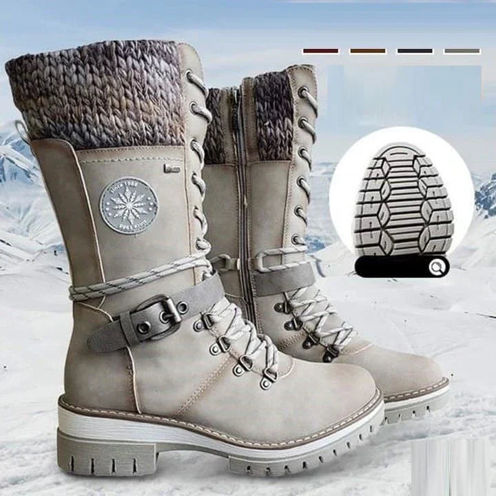 Mid Calf Winter Boots for Women with Knit Cuff and Lace Up Detail