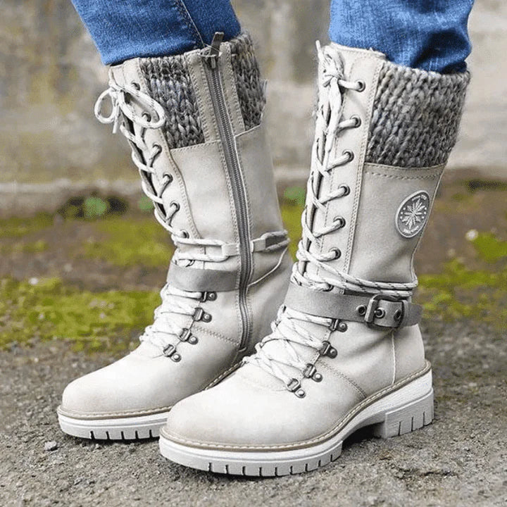 Mid Calf Winter Boots for Women with Knit Cuff and Lace Up Detail