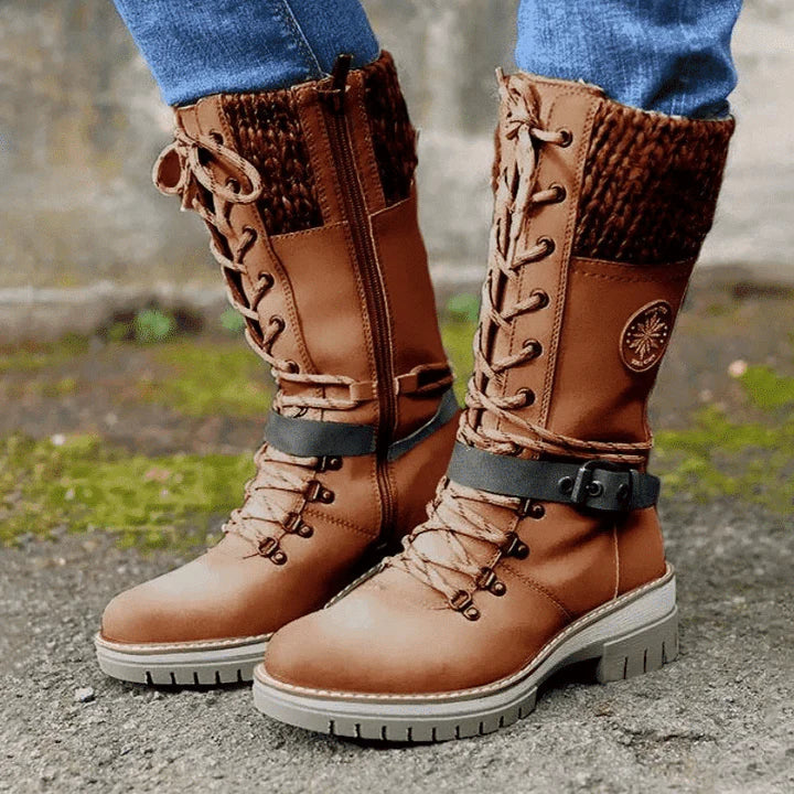 Mid Calf Winter Boots for Women with Knit Cuff and Lace Up Detail
