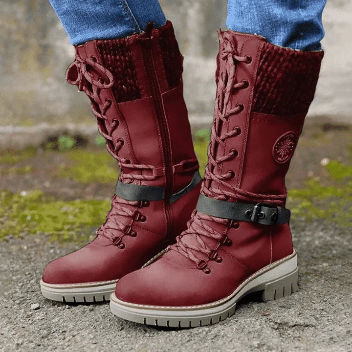 Mid Calf Winter Boots for Women with Knit Cuff and Lace Up Detail