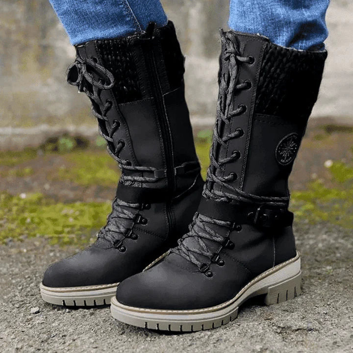 Mid Calf Winter Boots for Women with Knit Cuff and Lace Up Detail