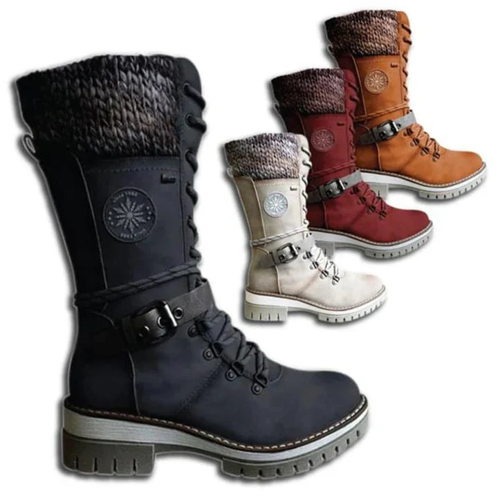 Mid Calf Winter Boots for Women with Knit Cuff and Lace Up Detail