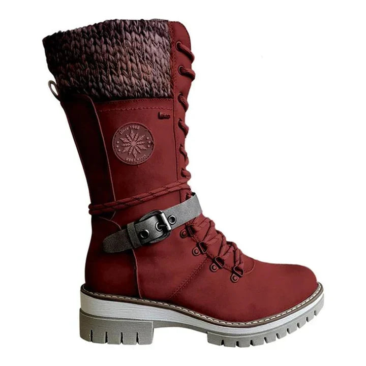 Mid Calf Winter Boots for Women with Knit Cuff and Lace Up Detail