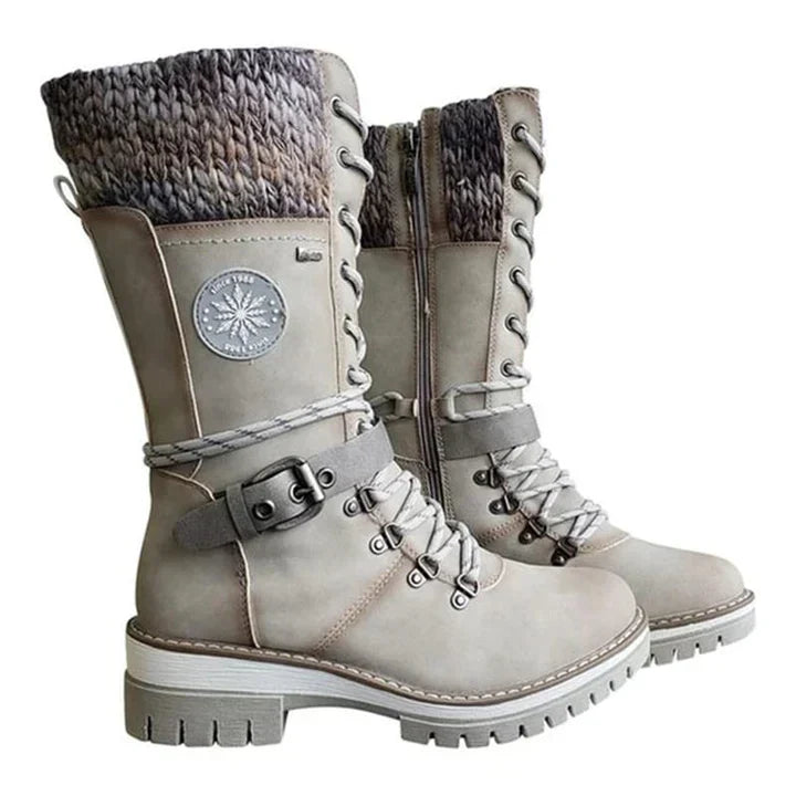 Mid Calf Winter Boots for Women with Knit Cuff and Lace Up Detail