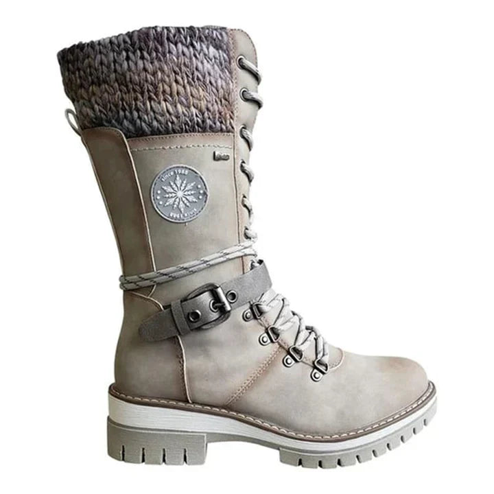 Mid Calf Winter Boots for Women with Knit Cuff and Lace Up Detail
