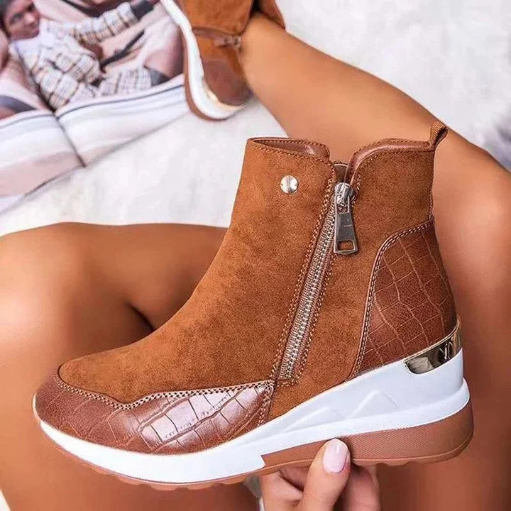 Brown Ankle Boots for Women | Wedge Platform Boots with Side Zipper