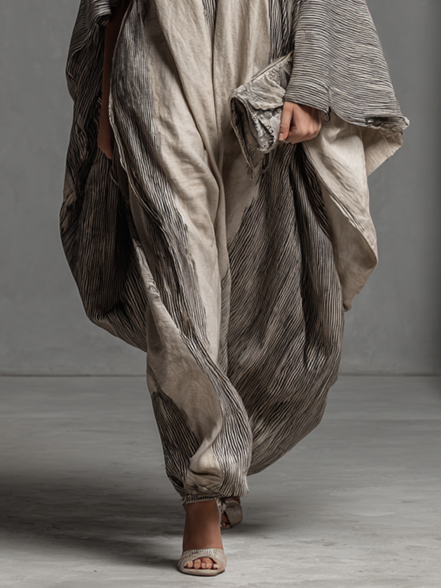 Striped Kaftan Maxi Dress - Cotton Linen V-Neck Resort Wear