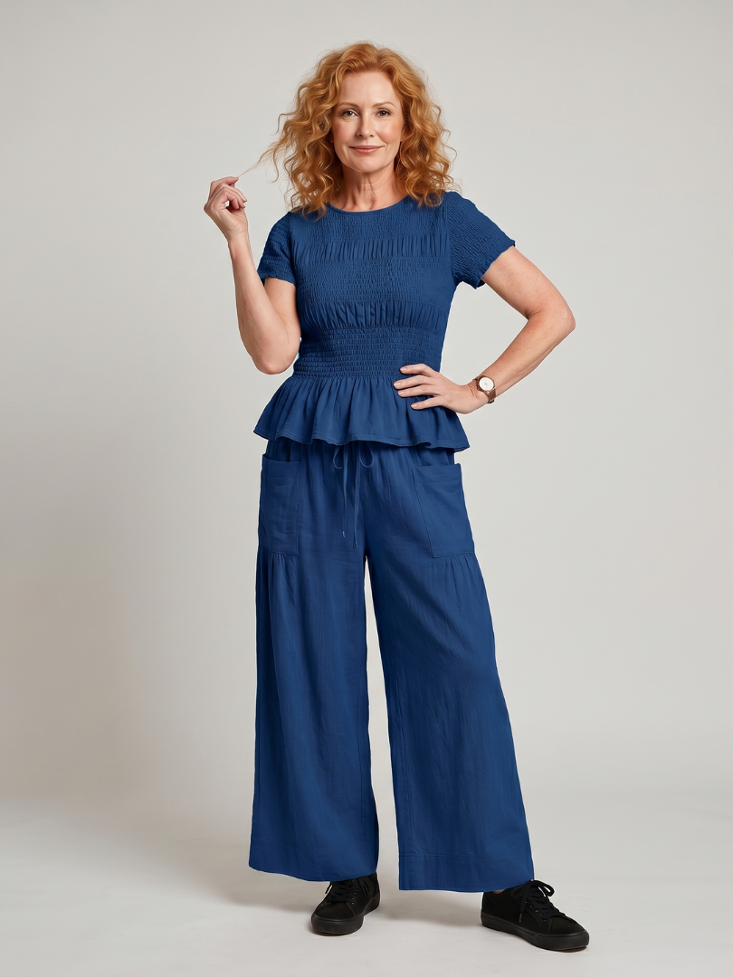 Peplum Top and Wide Leg Pants Set - Two Piece Outfit