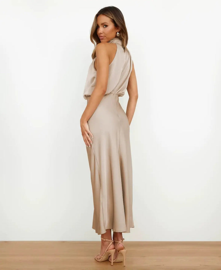 Midi Dress with Draped Neckline - Elegant Stretchy Fitted Dress