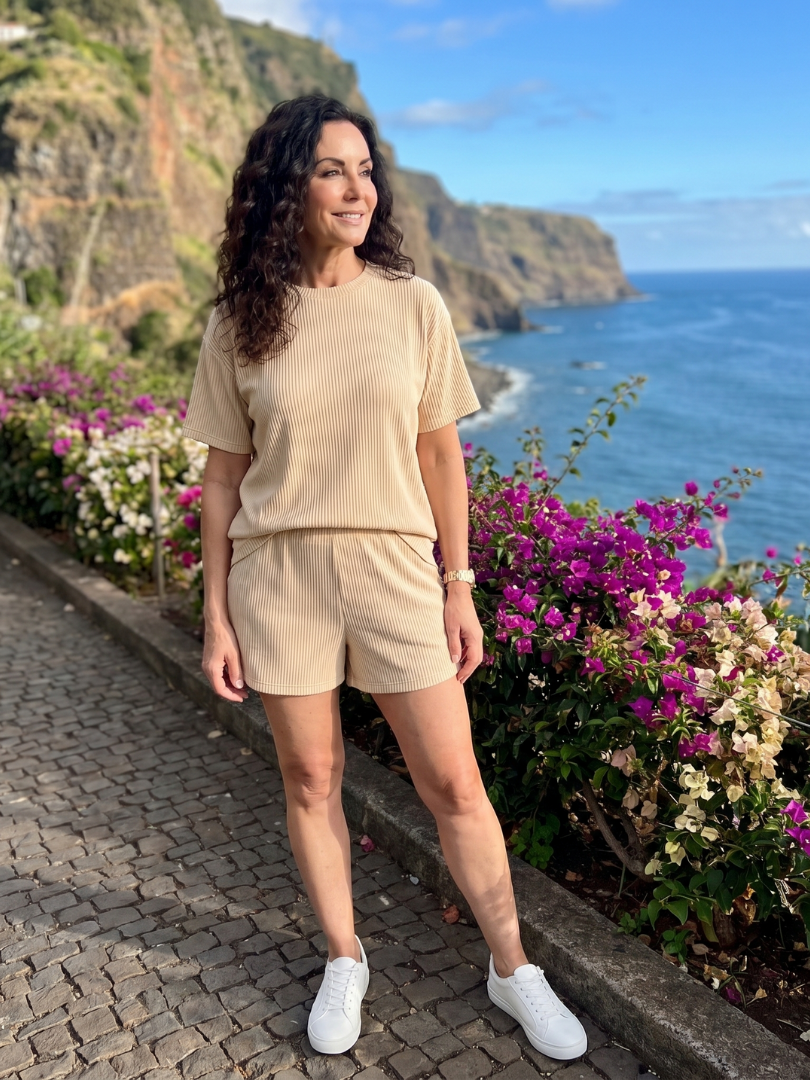 Relaxed Crew Neck Top and Shorts Set for Women