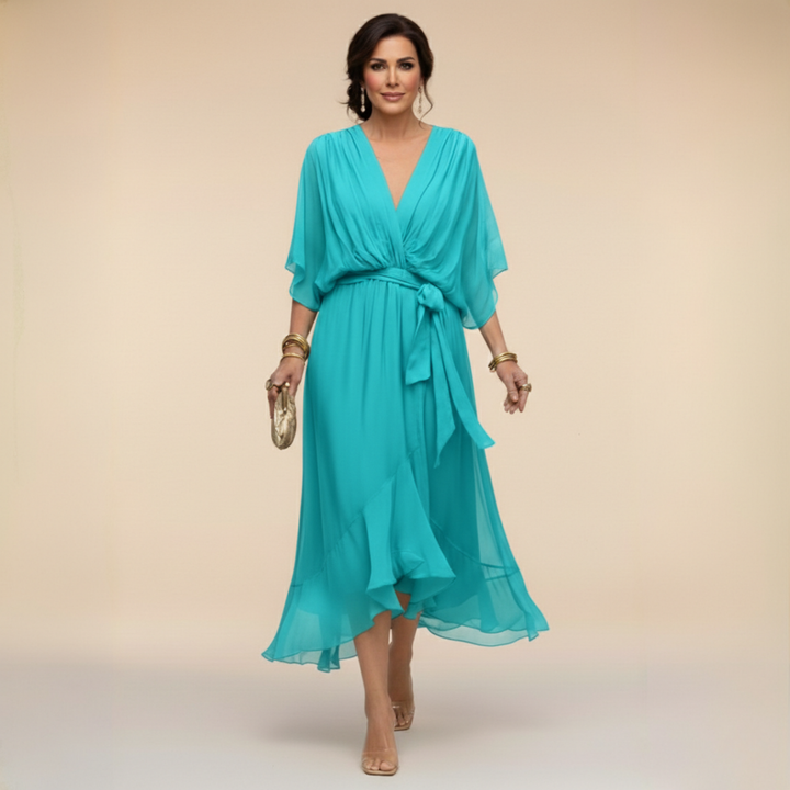 Chiffon V-Neck Dress for Women - Elegant Flowing Midi Dress