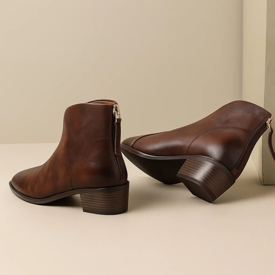 Leather Ankle Boots for Women with Pointed Toe and Block Heel