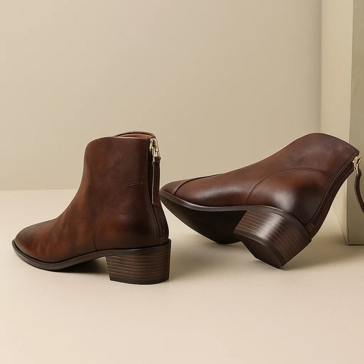 Leather Ankle Boots for Women with Pointed Toe and Block Heel