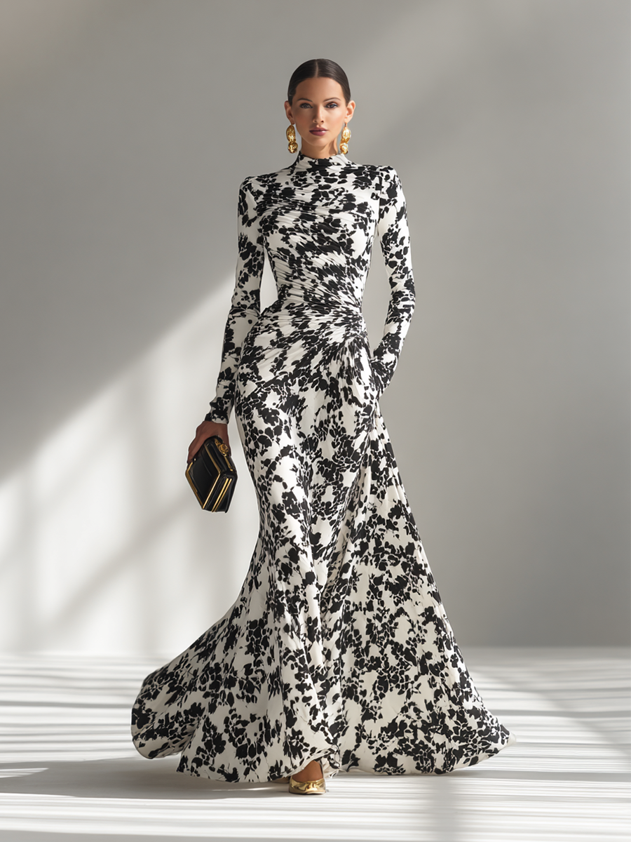 Floral Maxi Dress Long Sleeve High Neck Black White Print