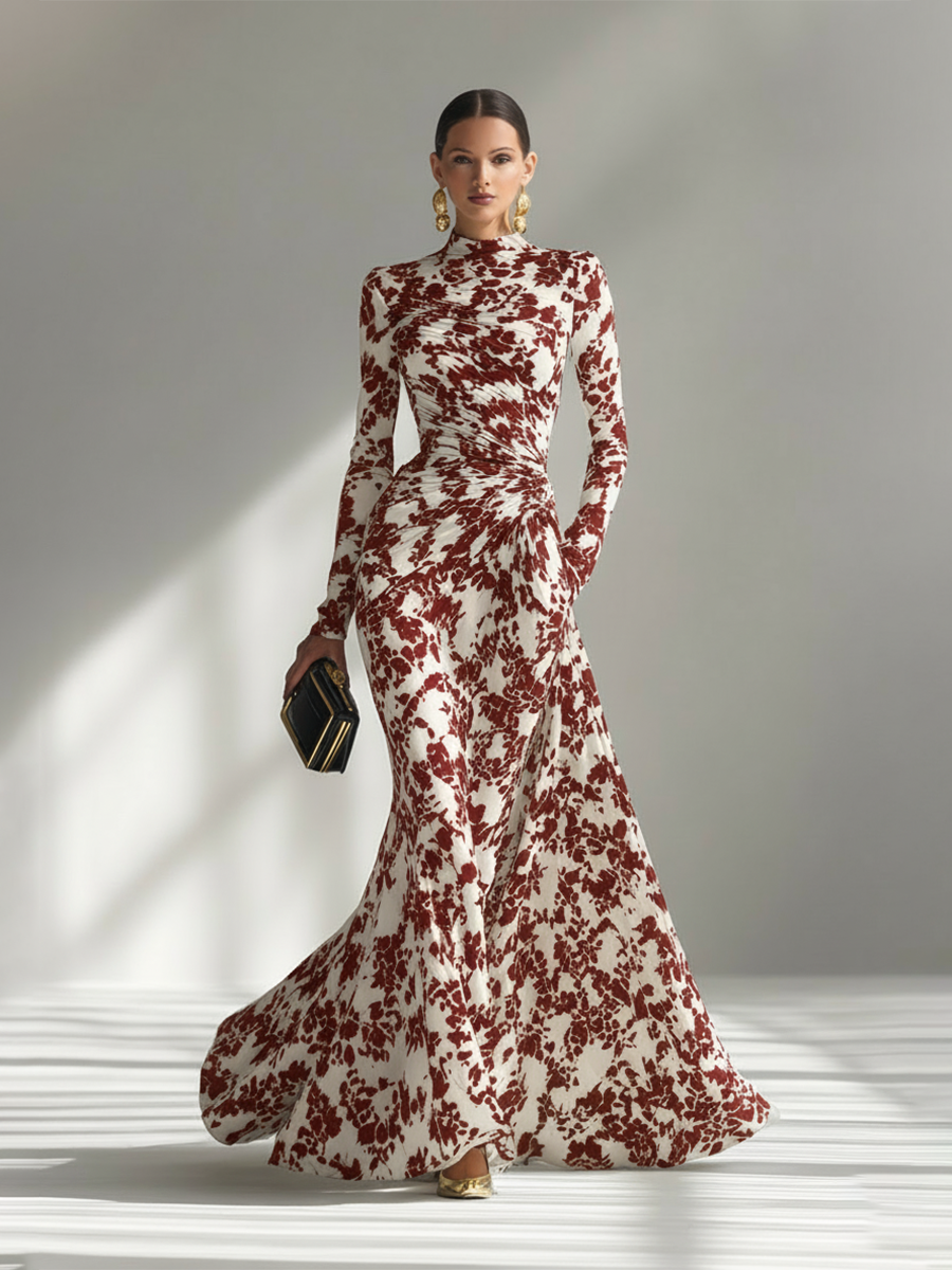 Floral Maxi Dress Long Sleeve High Neck Black White Print