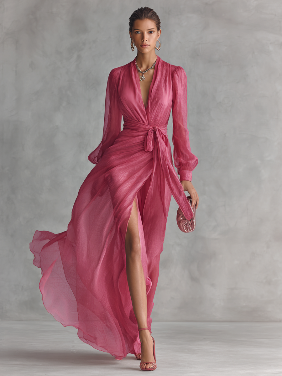 Long Chiffon Maxi Dress with Tie Waist V-Neck in Rose Pink