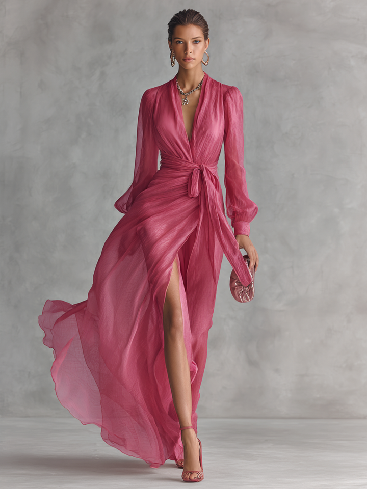 Long Chiffon Maxi Dress with Tie Waist V-Neck in Rose Pink