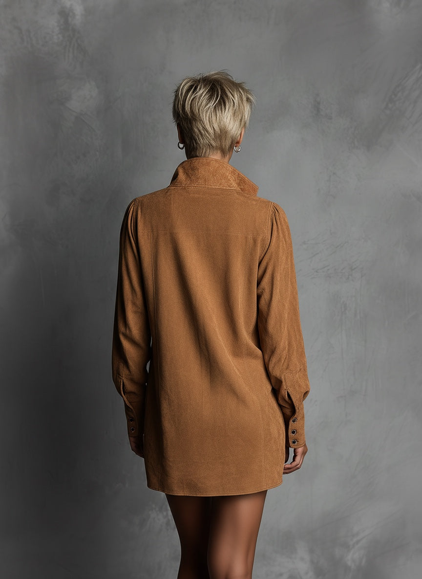 Long Sleeve V-Neck Casual Dress with Embossed Suede Texture