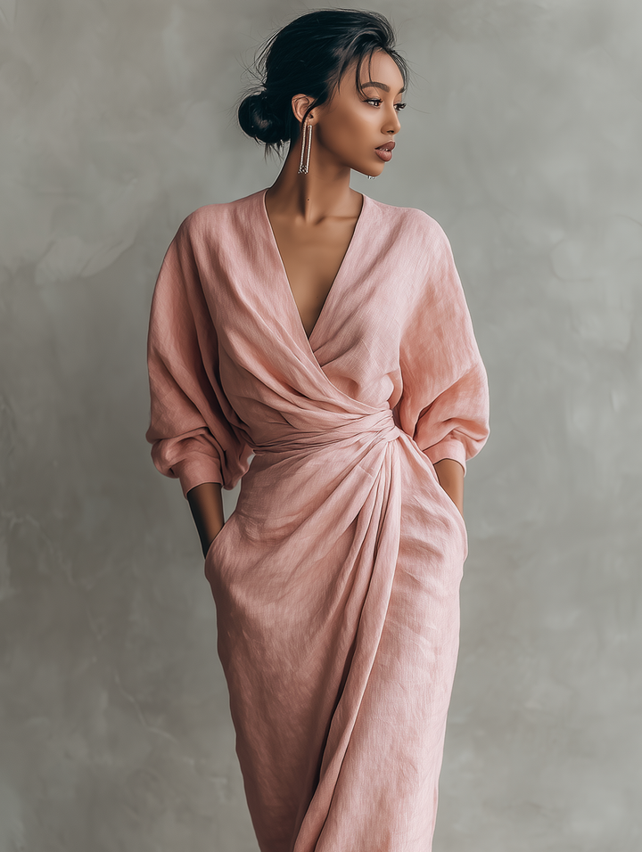 Linen Maxi Dress V Neck Long Sleeve Minimalist Summer Dress