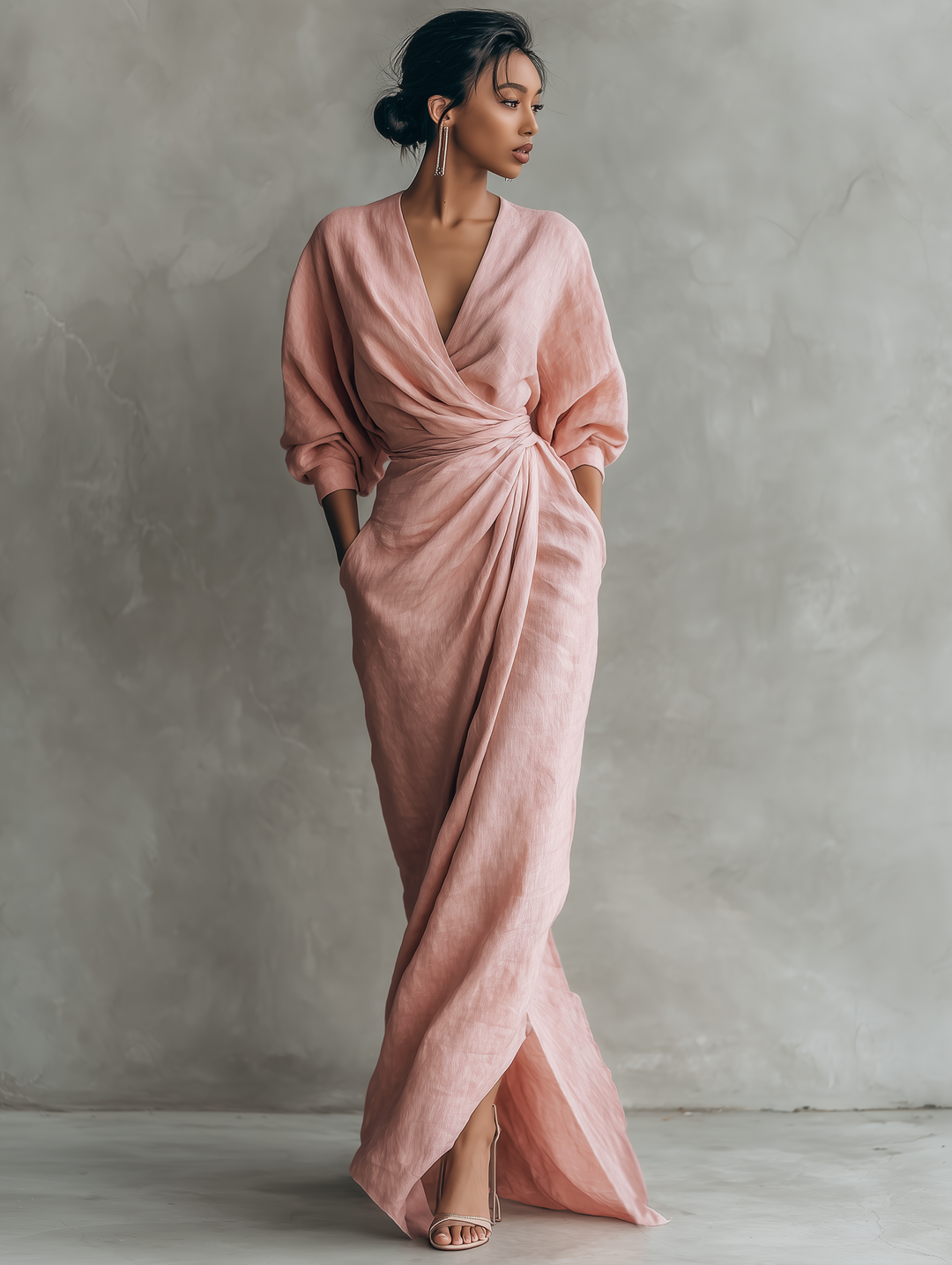 Linen Maxi Dress V Neck Long Sleeve Minimalist Summer Dress