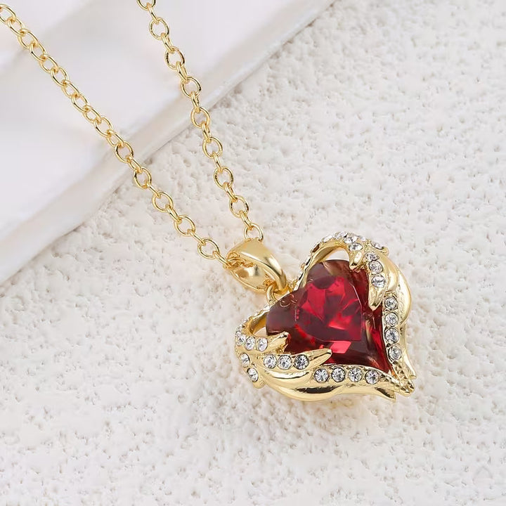 Heart Pendant Necklace Gold | Romantic Ruby Red Accent Jewelry